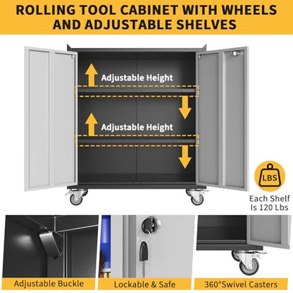 36" Garage Storage Cabinet with Wheels ＆ Locking Doors, Rolling Tool Cabinet with Adjustable Shelf,Rust-Resistant Steel Utility Cabinet for Home Office Workshop Organization