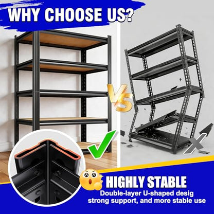 71"H Heavy Duty Garage Shelving - 1900 LBS Capacity 5-Tier Metal Storage Shelves, 71"H x 28"W x 12"D Adjustable Steel Utility Rack, Compact Storage Shelf for Pantry, Closet, Basement, Shed - Black - size: 28"Wx12"Dx71.2"H