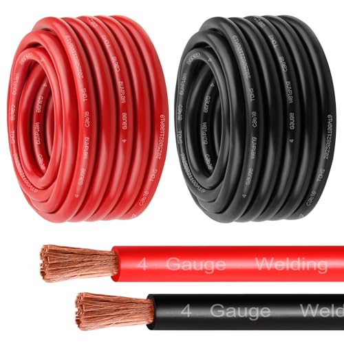 MOOKEERF 4 Gauge Battery Cable - 25FT Red + 25FT Black 4 AWG Welding Cable Flexible Stranded Oxygen-Free Pure Copper Wire for Automotive, Battery, Inverter, Solar, Marine and Generator - color: 25ft Black + 25ft Red, size: 4AWG