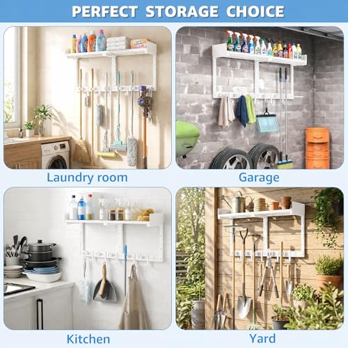 HUFAND Broom Holder Wall Mount, 27" Mop and Broom Organizer with Top Shelf - color: White, size: Large