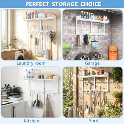 HUFAND Broom Holder Wall Mount, 27" Mop and Broom Organizer with Top Shelf - color: White, size: Large
