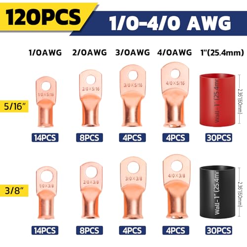 haisstronica 120PCS Copper Wire Lug & Heat Shrink Kit AWG 0/00/000/0000 - color: Bare Copper, size: 120 PCS