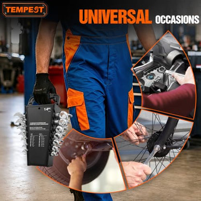 Tempest 14 Piece Combination Wrench Set, Metric & SAE (8-17mm, 5/16-11/16 inch) with Compact Organizer Rack, Drop Forged Steel Mechanics Hand Tools Kit for Automotive Repair, Home DIY, Workshops