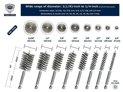 Stainless-Steel Bore Brush [8-Size Set] Wire Brush for Power Drill, Metal Cleaning Brushes, 1(1/8) to 1/4-inch Diameter in 1/8-in increments (or 29, 26, 22, 19, 16, 13, 10, 7 mm), (1/4-in Hex Shaft) - style: 1Set x 8Size (Stainless)