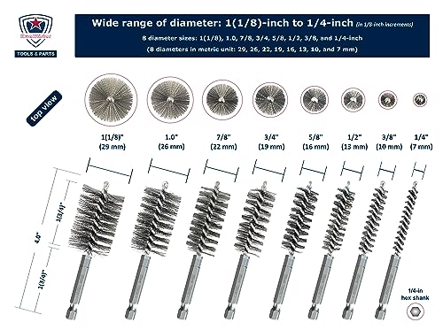 Stainless-Steel Bore Brush [8-Size Set] Wire Brush for Power Drill, Metal Cleaning Brushes, 1(1/8) to 1/4-inch Diameter in 1/8-in increments (or 29, 26, 22, 19, 16, 13, 10, 7 mm), (1/4-in Hex Shaft) - style: 1Set x 8Size (Stainless)