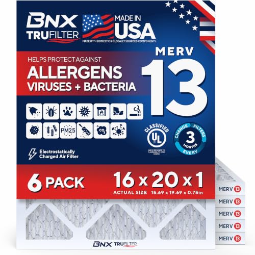 BNX TruFilter 16x20x1 Air Filter MERV 13 AC Filter, HVAC Furnace Filter, 6 Pack (ACTUAL SIZE 15.69"x19.69"x0.75") Allergies, Dust, Pet Dander & Smoke - MADE IN USA - MPR1500 / FPR 10 - size: 16x20x1 6-Pack
