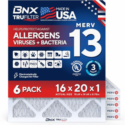 BNX TruFilter 16x20x1 Air Filter MERV 13 AC Filter, HVAC Furnace Filter, 6 Pack (ACTUAL SIZE 15.69"x19.69"x0.75") Allergies, Dust, Pet Dander & Smoke - MADE IN USA - MPR1500 / FPR 10 - size: 16x20x1 6-Pack