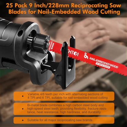 25 Pack 9 Inch 4/6 Tpi Reciprocating Saw Blades for Nail-Embedded Wood - size: 9 Inch 4/6TPI