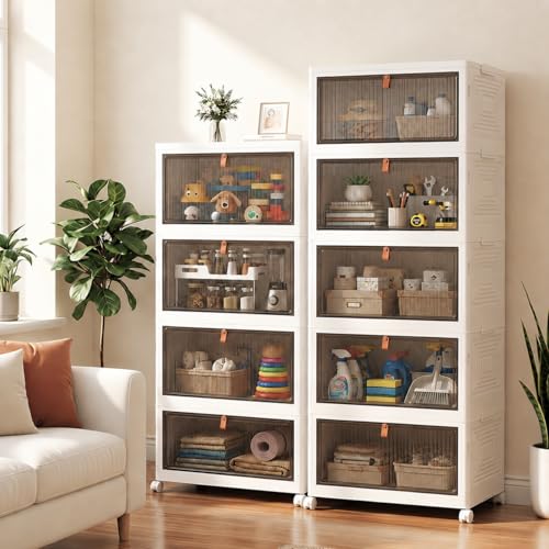 LDQ 170 Qt Large Storage Bins with Lids, 5 Tier Stackable Storage Cabinet with Wheels & Clear Doors, Foldable Plastic Closet Organizer for Bedroom, Bathroom & Kitchen - size: 5-layers
