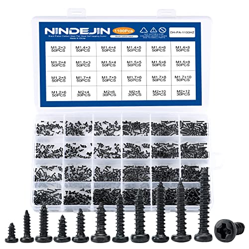NINDEJIN Miniature Phillips Flat Head Tapping Screws, M1.2 M1.4 M1.5 M1.7 M2 / M2.3 M2.6 M3 Countersunk Repair Screws Assortment Set, Black Self-Tapping Electronic Screw (1100PCS/450PCS) (Black 1100) - color: Black 1100