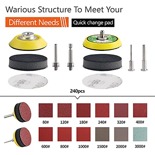 Tshya 240pcs 2inch Sanding Discs Pad Variety Kit for Drill Grinder Rotary Tools Attachment with 2Pcs 1/8"&1/4" Shank Backer Plate, Sanding Pads Includes 80-3000 Grit - style: 2in 244Pack