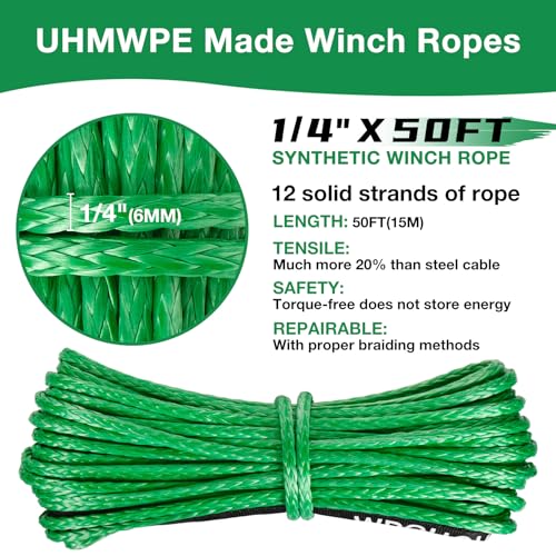 1/4" Synthetic Winch Rope 50 ft 10,000 lb UHMWPE Winch Cable Replacement Kit with Protective Sleeve, Thimble, Compatible with ATV UTV Truck Winches, Green - color: Green, size: 1/4 In x 50 Ft Standard