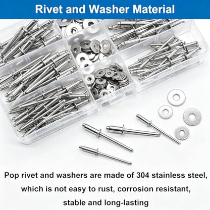 240pcs 304 Stainless Steel Rivets with Washers Assorted kit - color: 240Pcs