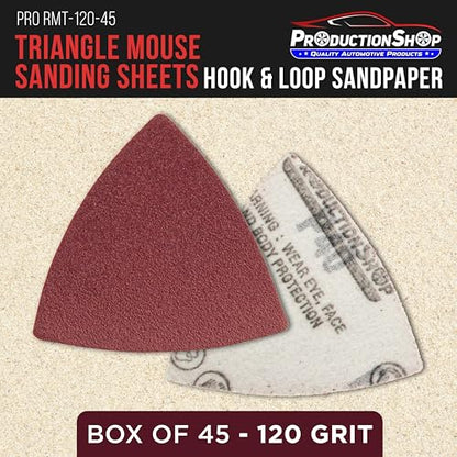 ProductionShop Premium 120 Grit Triangle Mouse Detail Sander Sandpaper Sheets, Box of 45 - Hook & Loop, Triangular Shaped Mouse Disc Pads - Oscillating Multi-Tools - Woodworking, Sand Furniture Paint - style: 120 Grit