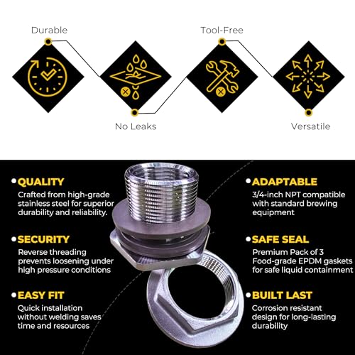 MiniBrew 3/4" NPT EZ Seal Weldless Bulkhead with EPDM Gaskets for Homebrewing (Pack of 3) - size: 3/4"-EPDM, style: Pack of 3