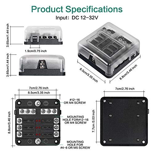 6 Way Fuse Block,12V Blade Fuse 6 Circuit ATC/ATO Waterproof Fuse Box Holder with LED Indicator Waterpoof Cover for 12V/24V Automotive Truck Boat Marine RV Van Vehicle (with 8 pcs Fuse)