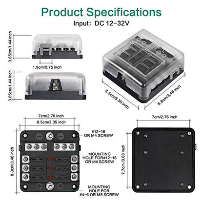 6 Way Fuse Block,12V Blade Fuse 6 Circuit ATC/ATO Waterproof Fuse Box Holder with LED Indicator Waterpoof Cover for 12V/24V Automotive Truck Boat Marine RV Van Vehicle (with 8 pcs Fuse)