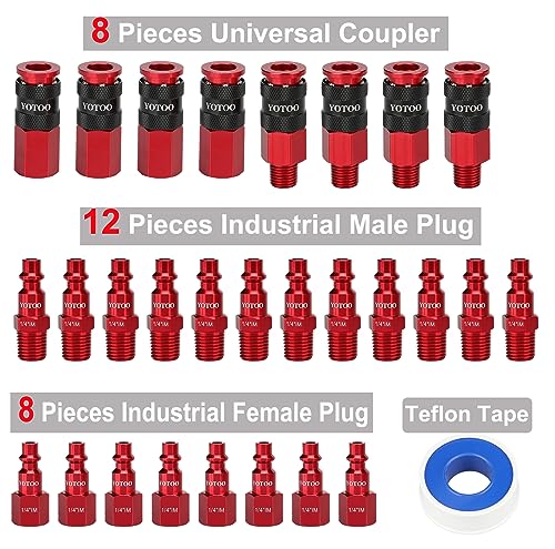YOTOO 29 Pieces Universal Air Coupler and Plug Kit, Quick Connect Air Fittings, Heavy Duty Aluminum Air Hose Fittings, Lightweight, Push to Connect for air tools and air compressor, Red - color: Red, size: 29 Pieces Kit