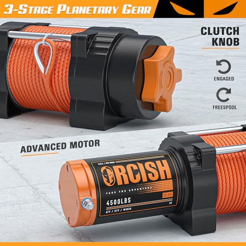 ORCISH 4500 LB 12V Electric Winch, ATV/UTV Winch Kit with Synthetic Rope - size: 4500 lb