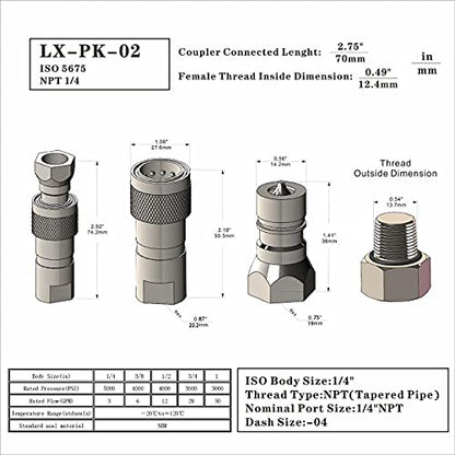 2-Sets 1/4'' Ag ISO5675 Carbon Steel Hydraulic Quick Disconnect Coupling/Coupler Poppet Valve，Pioneer Type, Set w/Dust Cap - size: 2Sets-1/4NPT (Poppet )