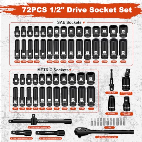 LLNDEI 1/2" Drive Socket Set 72Pcs 6 & 12-Point SAE/Metric CR-V - size: 72pcs 1/2 Inch Drive Socket Set