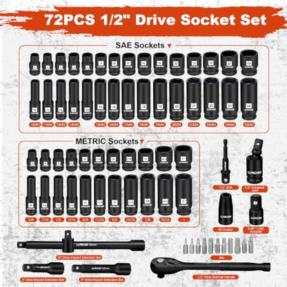LLNDEI 1/2" Drive Socket Set 72Pcs 6 & 12-Point SAE/Metric CR-V - size: 72pcs 1/2 Inch Drive Socket Set