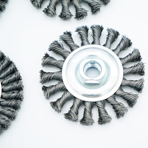 4 Inch Twist Knotted Wire Wheel Brush Set for Angle Grinder, 0.02in Carbon Steel Wire, 5/8 Inch-11 Threaded Arbor - Rust & Weld Scale, Heavy-Duty Conditioning for Various Metals (4)