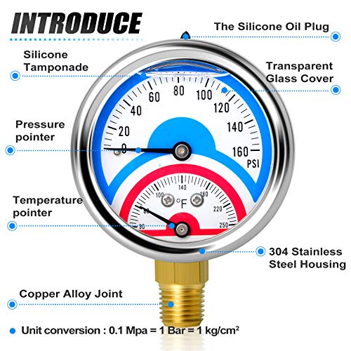 MEANLIN MEASURE 2PCS 0-160Psi Stainless Steel Thermal Pressure Gauge 30-250℉ 1/4" NPT 2.5" FACE DIAL Liquid Filled Pressure Gauge, with 1/2" NPT and 3/8" NPT Hex Bushing, Lower Mount - size: Lower Mount, style: Liquid Filled/2PCS