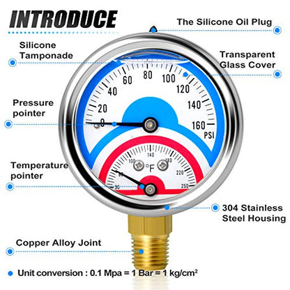 MEANLIN MEASURE 2PCS 0-160Psi Stainless Steel Thermal Pressure Gauge 30-250℉ 1/4" NPT 2.5" FACE DIAL Liquid Filled Pressure Gauge, with 1/2" NPT and 3/8" NPT Hex Bushing, Lower Mount - size: Lower Mount, style: Liquid Filled/2PCS
