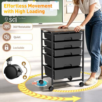 SUNALLY Rolling Carts with 5 Drawers, Storage Drawer Carts for Craft, Black - color: Black