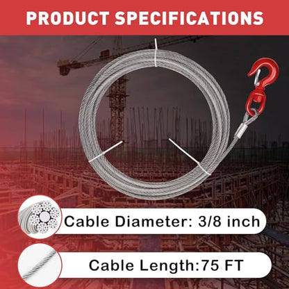 Steel Winch Cable,3/8" x 75' Wire Rope with Swivel Hook,17637 Lbs Breaking Strength,6x19 Strand Core Steel Towing Cable for Tow Truck,Crane,Wrecker - size: 75 ft