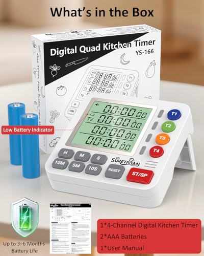 Digital Kitchen Timer with 4 Channel, Loud Alarm and Silent Mode - color: White