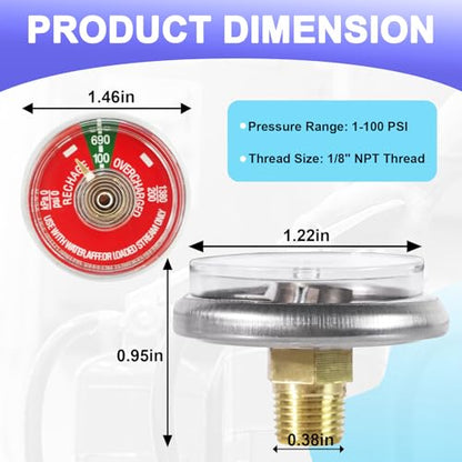 5PCS 100 PSI Pressure Gauge, 1/8" NPT Thread, Red Dial Fire Extinguisher