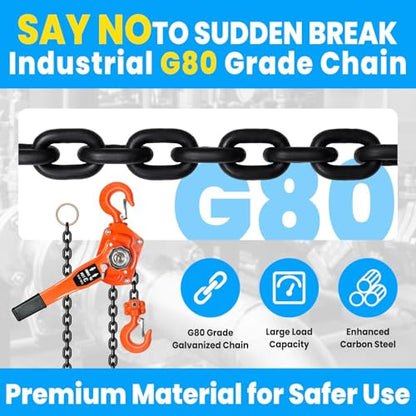 3 Ton Chain Hoist Come Along Winch Heavy Duty, 6600 LBS Capacity G80 Galvanized Chain Come Along, 10FT Lift Double-Pawl Brake Chain Fall Lever Hoist for Industrial Construction Warehouse