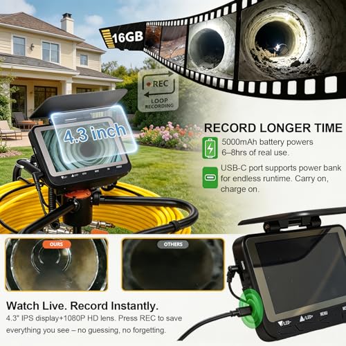 Sewer & Drain Camera 100FT, 4.3" HD Plumbing Inspection Camera 1080P IP68