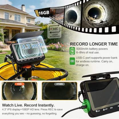 Sewer & Drain Camera 100FT, 4.3" HD Plumbing Inspection Camera 1080P IP68