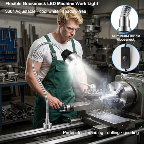 Magnetic Work Light, LED Machine Work Light with Magnet Base & Flexible Gooseneck, Shop Tool Lamp for Wood Lathe, Workbench, Sewing Machine, Grill, Industrial Mechanic Light