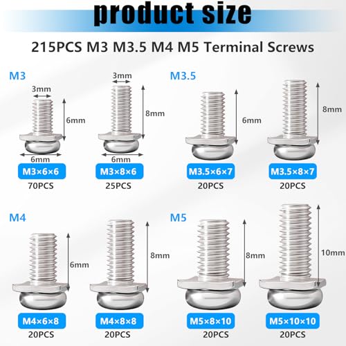 mxuteuk 215PCS Terminal Block Screws Kit,M3 M3.5 M4 M5 Terminal Screws,Nickel-Plated with Square Washers for Switch Plates,Electrical Panels and Terminal Blocks - size: M3 M3.5 M4 M5