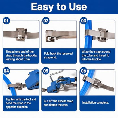 164ft Stainless Steel Banding Kit 304 Steel Strapping Kit 3/8" with Ratchet Tensioner Cutter Crimper Pliers with 100 Buckles for Pipe Pole Pallet Tensioning Packing Bundling