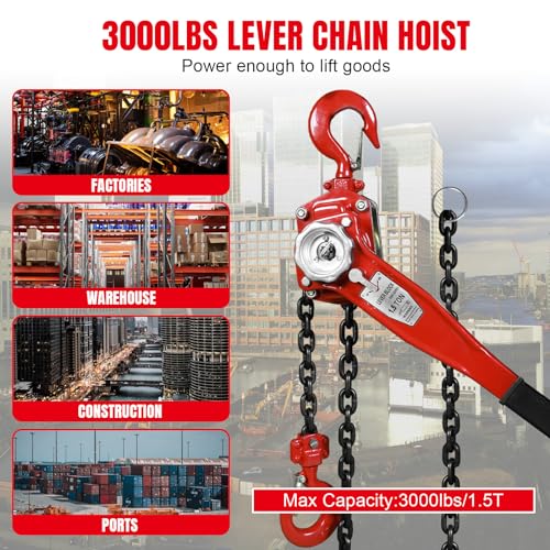 Big RED Manual Lever Chain Hoist,1-1/2 Ton 3000 lbs Capacity Come Along,G80 Grade Steel with Double-Pawl Brake,2 Heavy Duty 360° Rotation Hooks for Garage Factory Warehouse Ports Automotive Machinery - size: 1.5 Ton (3000 lbs)