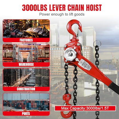 Big RED Manual Lever Chain Hoist,1-1/2 Ton 3000 lbs Capacity Come Along,G80 Grade Steel with Double-Pawl Brake,2 Heavy Duty 360° Rotation Hooks for Garage Factory Warehouse Ports Automotive Machinery - size: 1.5 Ton (3000 lbs)