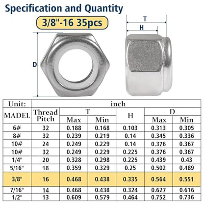 3/8-16 Lock Nut, 35Pcs Stainless Steel Nylock Insert Locking Nuts - size: 3/8"-16, 35 Pack