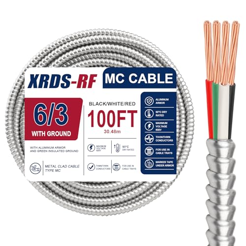 XRDS -RF 6 AWG/3 Metal Clad (MC) Armor Cable with Ground, 100FT 6/3 Stranded Copper Conductors for EV Chargers, Ranges, and Heavy-Duty Feeders, Flexible Aluminum Armor, THHN/THWN Insulation - size: 100FT