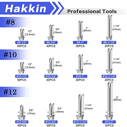 #8#10#12 Hex Washer Head Self Drilling Tek Screw Assortment Kit, 400PCS Stainless Steel Self Tapping Screws for Metal, Hakkin Sheet Metal Tek Screws with Rubber Washer, Length 1/2" to 2" - size: A #8#10#12 Hex Washer Head Silver (400pcs)