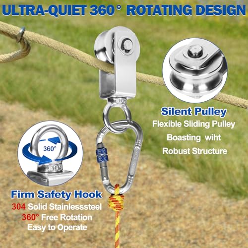 Cable Pulley Wheel Stainless Steel, M34 Single Pulley Snatch Block, Heavy Duty Lifting Crane Swivel Hook, Bearing Inside Rope Pulleys for Lifting System Gym Equipment Clothesline, 551 lbs Load, 2 Pack - size: M34 - 2 Pack
