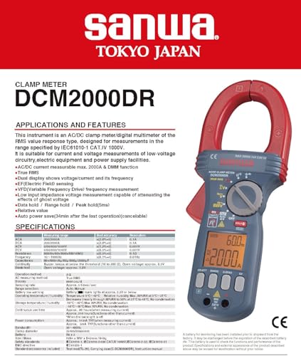 SANWA DCM2000DR Clamp Meter DC/AC Current Measurable Max. 2000A & DMM Functions DC/AC Current measurable max. 2000A, CAT.IV 1000V(DCM2000DR)