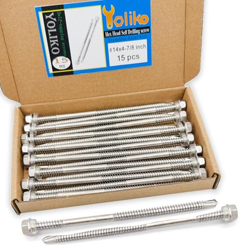 #14 x4-7/8 (1" to 4-7/8" Available) Hex Washer Head Self Drilling Screws, 410 Stainless Steel, Self Tapping Sheet Metal Tek Screws, 15 PCS - size: 15 Pcs #14 x4-7/8"