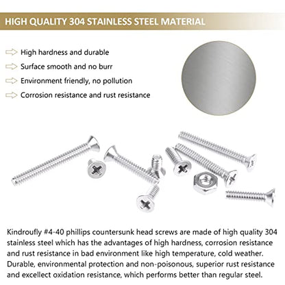 242 Pieces #4-40x 3/16", 1/4", 5/16", 3/8", 1/2", 5/8", 3/4", 7/8", 1", Phillips Countersunk Head Machine Screws Nuts Assortment Kit, 304 Stainless Steel, Fully Machine Thread - size: #4-40