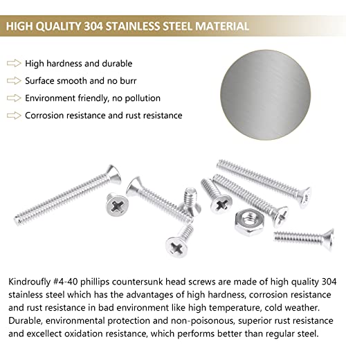 242 Pieces #4-40x 3/16", 1/4", 5/16", 3/8", 1/2", 5/8", 3/4", 7/8", 1", Phillips Countersunk Head Machine Screws Nuts Assortment Kit, 304 Stainless Steel, Fully Machine Thread - size: #4-40
