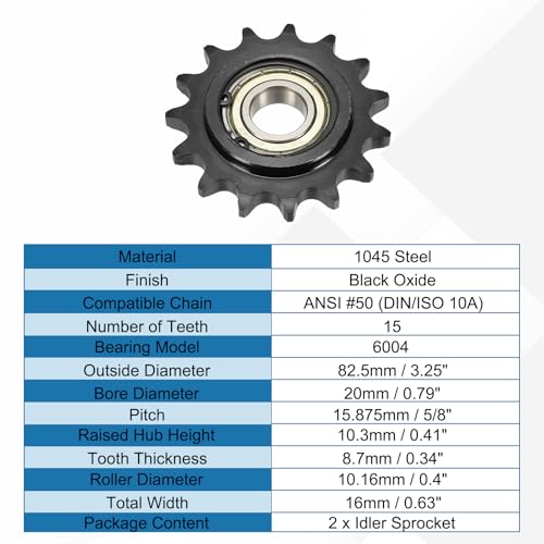 uxcell 2Pcs #50 Roller Chain Idler Sprocket, 20mm Bore 5/8" Pitch 15 Tooth - size: 20mm Bore 5/8" Pitch 15 Tooth